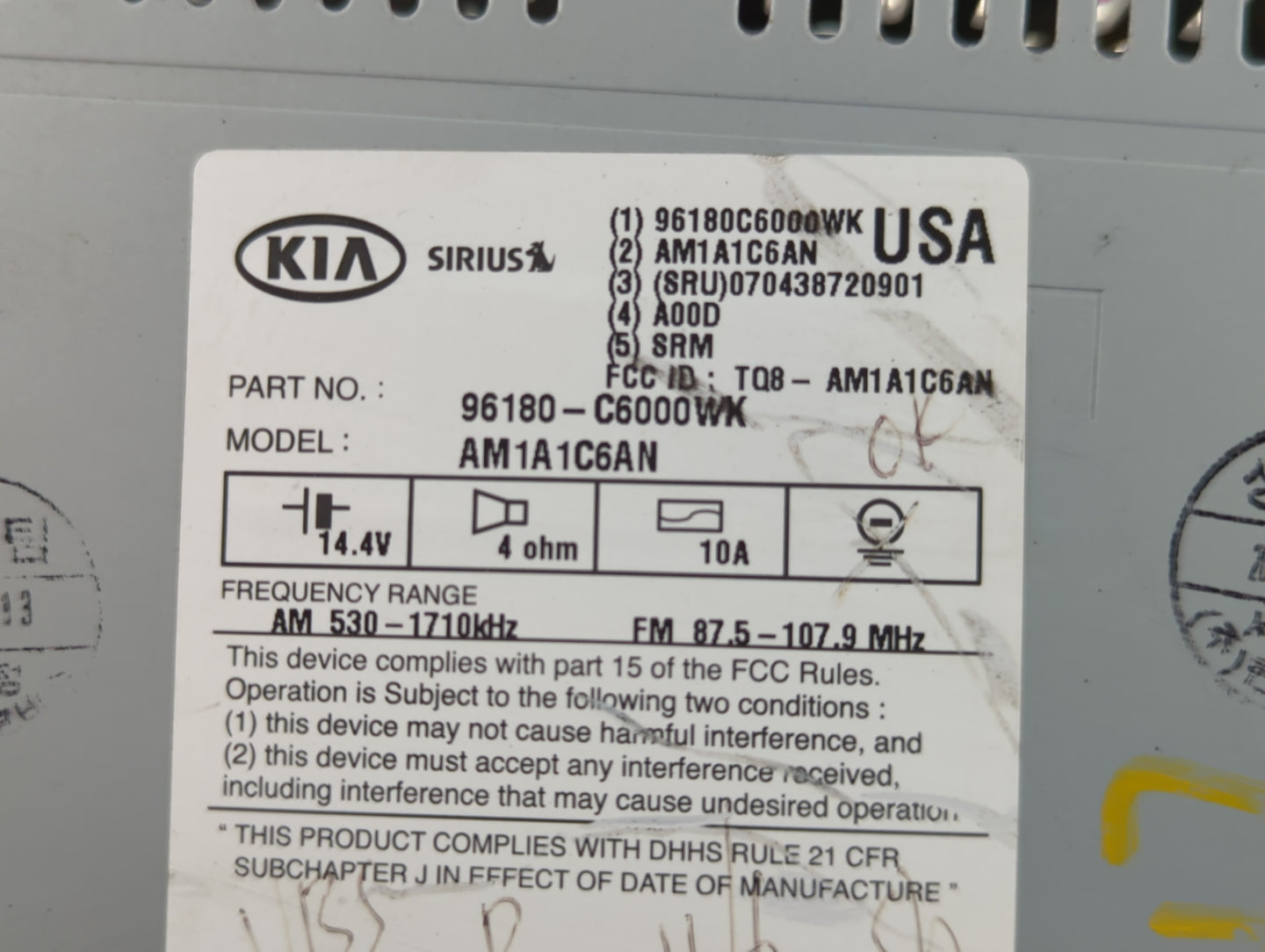 2016-2018 Kia Sorento Radio AM FM Cd Player Receiver Replacement P/N:96180-C6000WK Fits Fits 2016 2017 2018 OEM Used Auto Pa