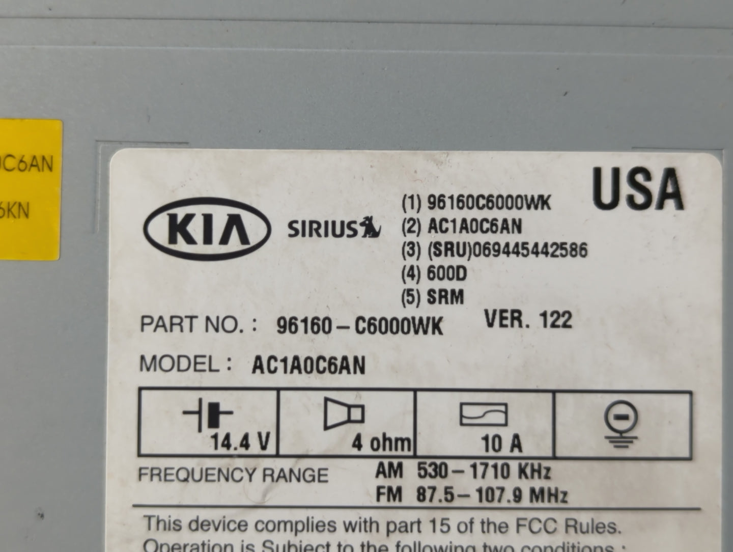 2016-2018 Kia Sorento Radio AM FM Cd Player Receiver Replacement P/N:96160-C6000WK Fits Fits 2016 2017 2018 OEM Used Auto Pa