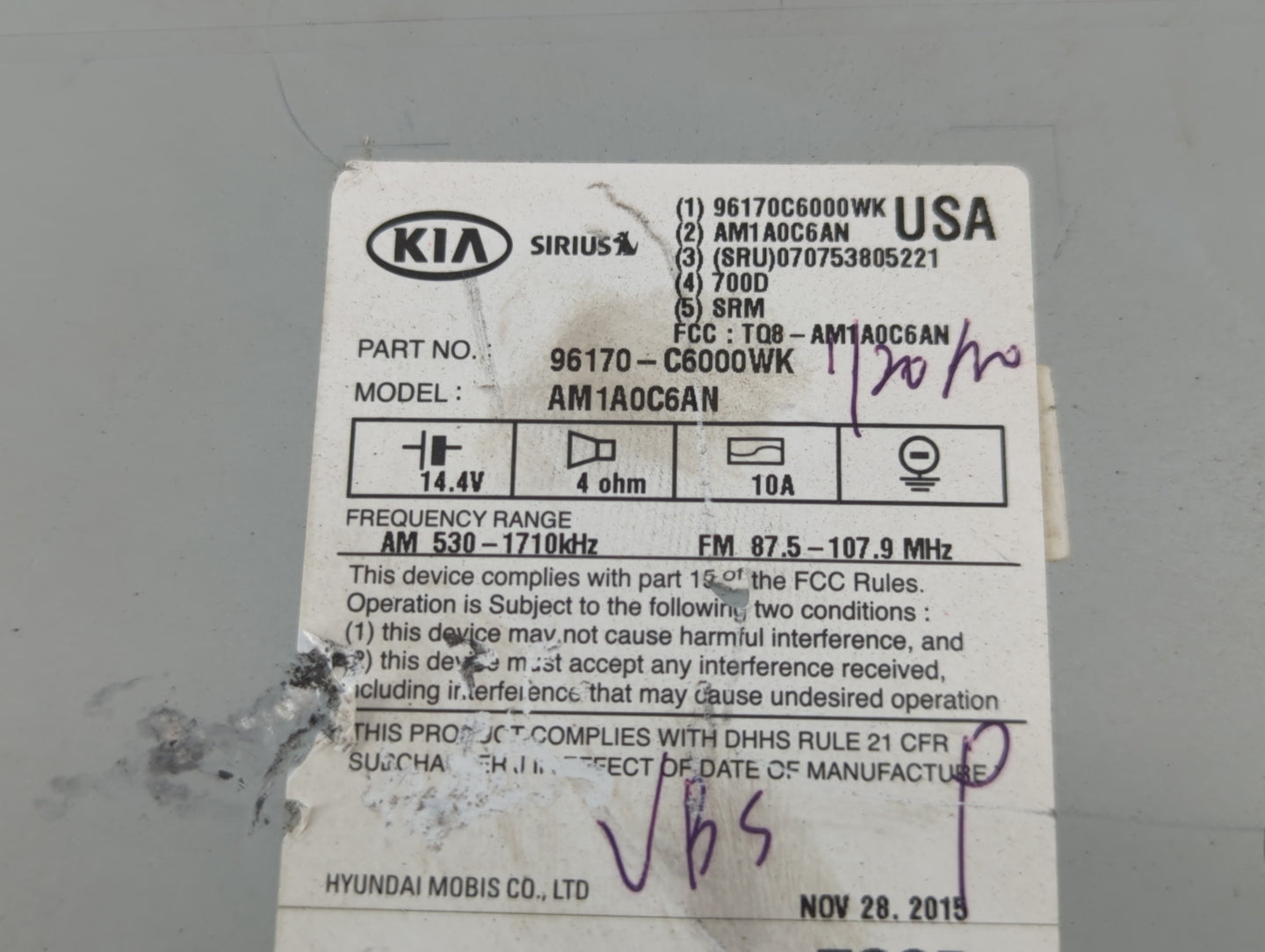 2016-2018 Kia Sorento Radio AM FM Cd Player Receiver Replacement P/N:96170-C6000WK Fits Fits 2016 2017 2018 OEM Used Auto Pa
