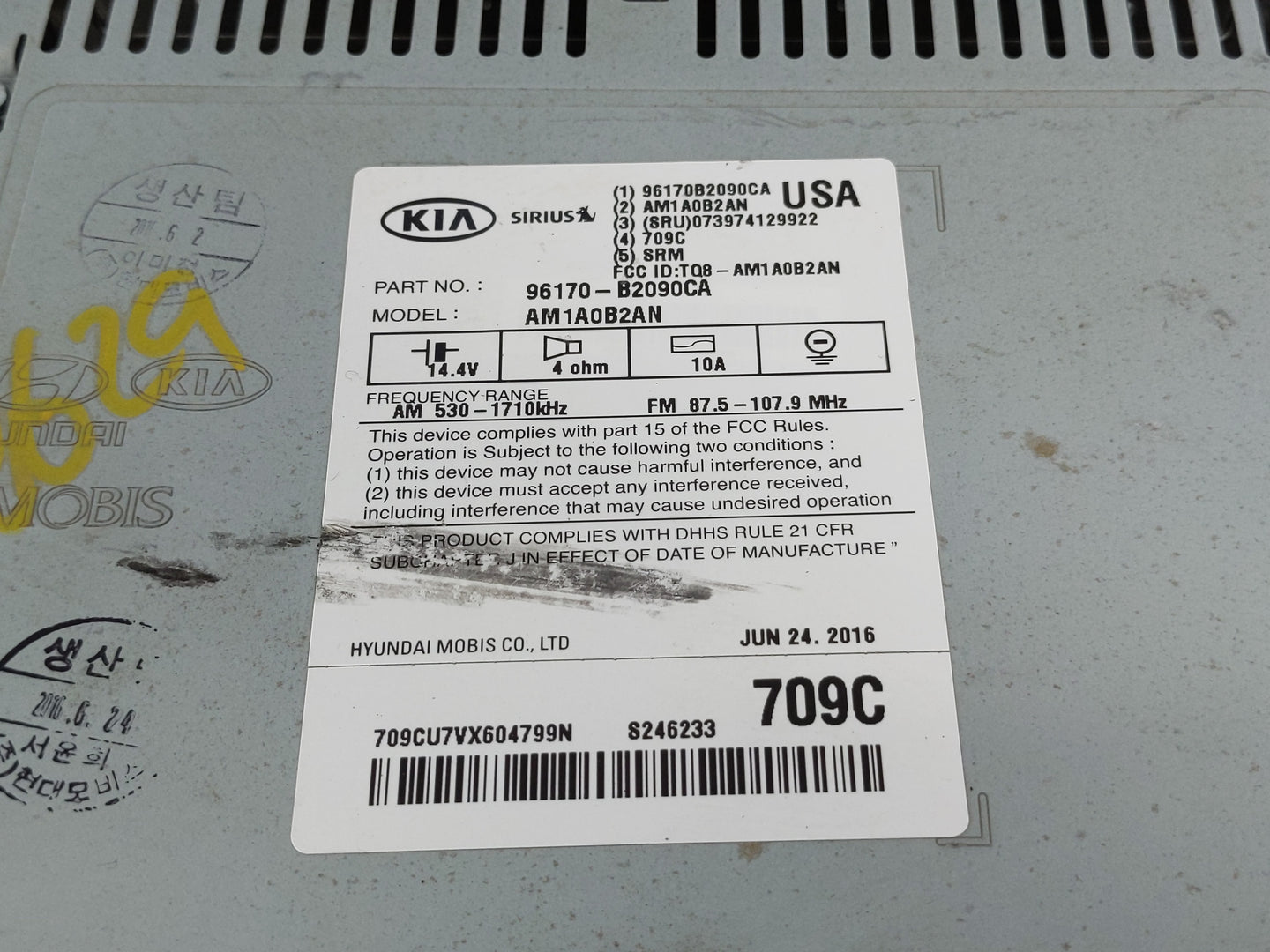 2014-2016 Kia Soul Radio AM FM Cd Player Receiver Replacement P/N:96170-B2090CA 96190-3Q001 Fits Fits 2014 2015 2016 OEM Use