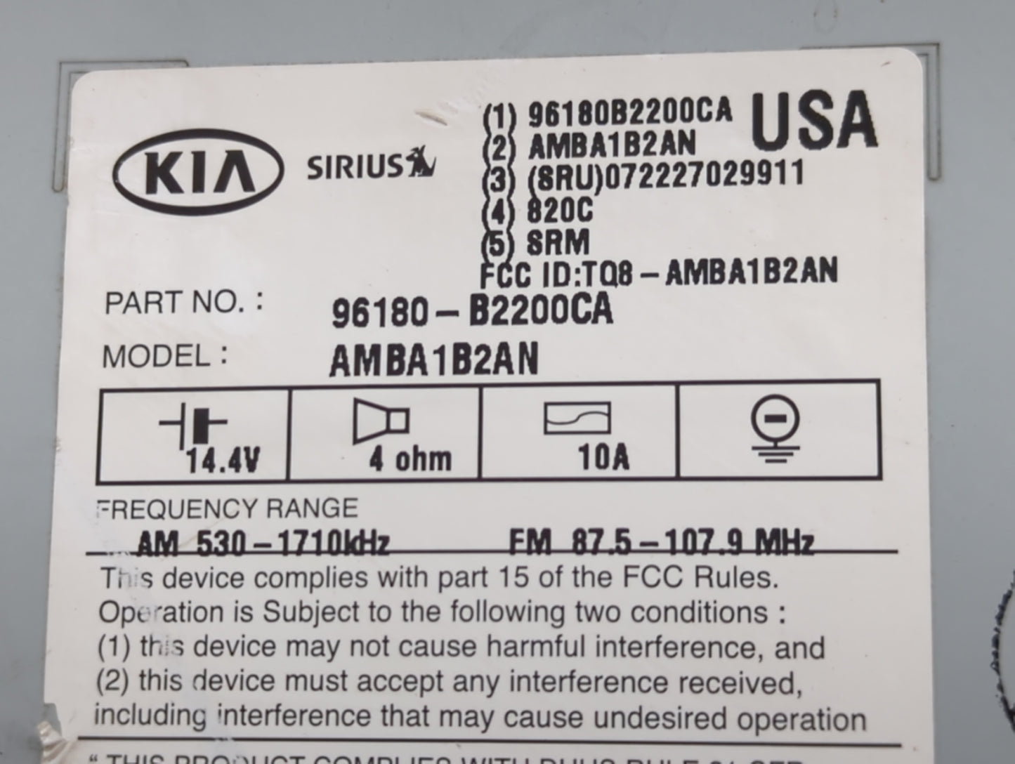 2015-2016 Kia Soul Radio AM FM Cd Player Receiver Replacement P/N:96180-B2200CA AMBA1B2AN, TQ8-AMBA1B2AN Fits Fits 2015 2016