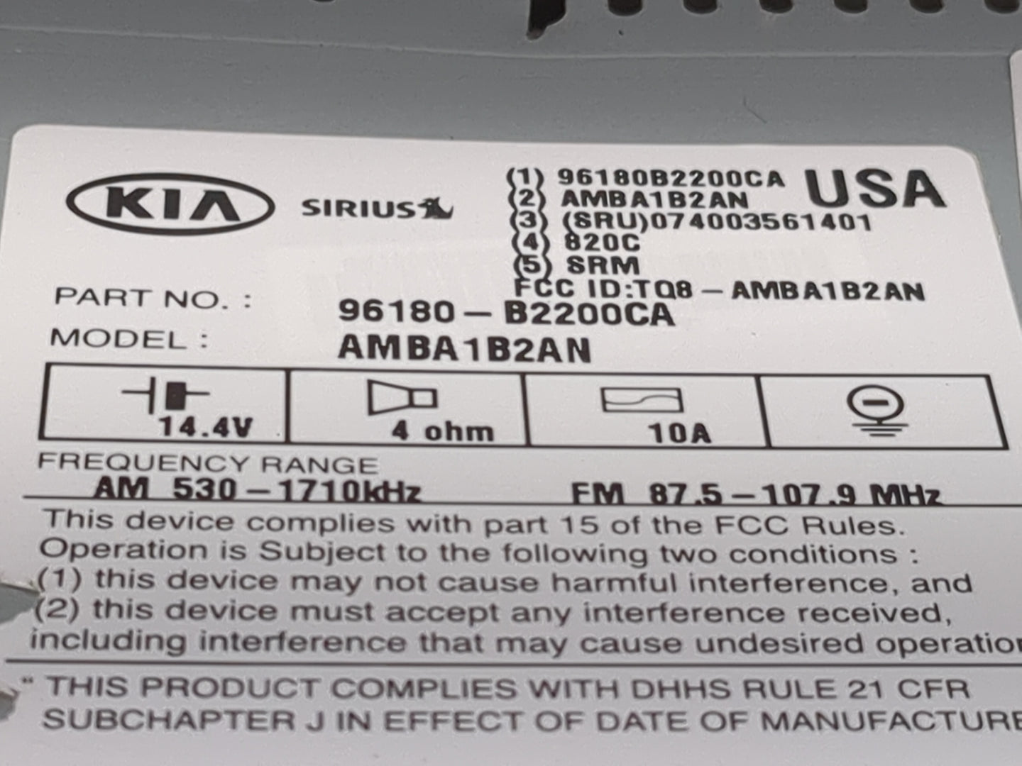 2015-2016 Kia Soul Radio AM FM Cd Player Receiver Replacement P/N:96180-B2200CA AMBA1B2AN, TQ8-AMBA1B2AN Fits Fits 2015 2016