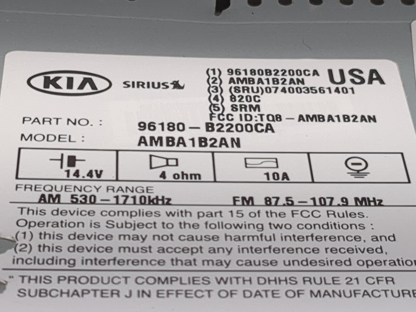 2015-2016 Kia Soul Radio AM FM Cd Player Receiver Replacement P/N:96180-B2200CA AMBA1B2AN, TQ8-AMBA1B2AN Fits Fits 2015 2016