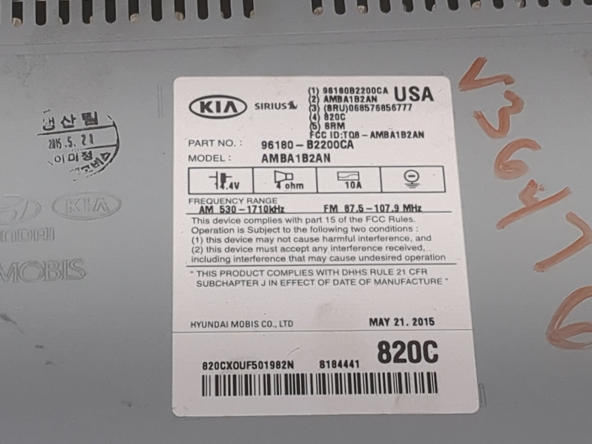2015-2016 Kia Soul Radio AM FM Cd Player Receiver Replacement P/N:96180-B2200CA AMBA1B2AN, TQ8-AMBA1B2AN Fits Fits 2015 2016