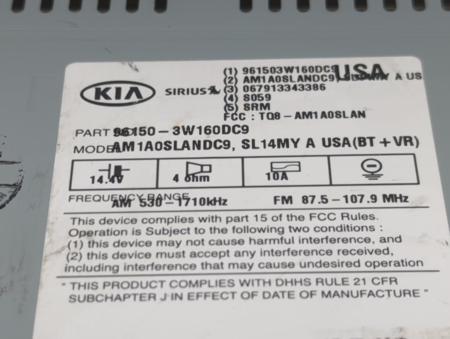 2014-2016 Kia Sportage Radio AM FM Cd Player Receiver Replacement P/N:96150-3W160DC9 Fits Fits 2014 2015 2016 OEM Used Auto 