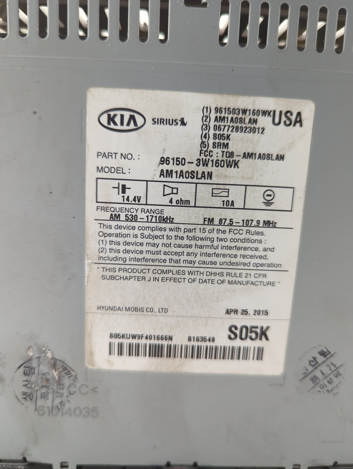 2014-2016 Kia Sportage Radio AM FM Cd Player Receiver Replacement P/N:961503W160WK AM1A0SLAN Fits Fits 2014 2015 2016 OEM Us