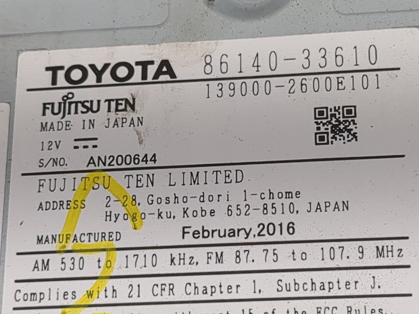 2016 Lexus Es350 Radio AM FM Cd Player Receiver Replacement P/N:86140-33610 139000-2600E101 Fits OEM Used Auto Parts - Oemus