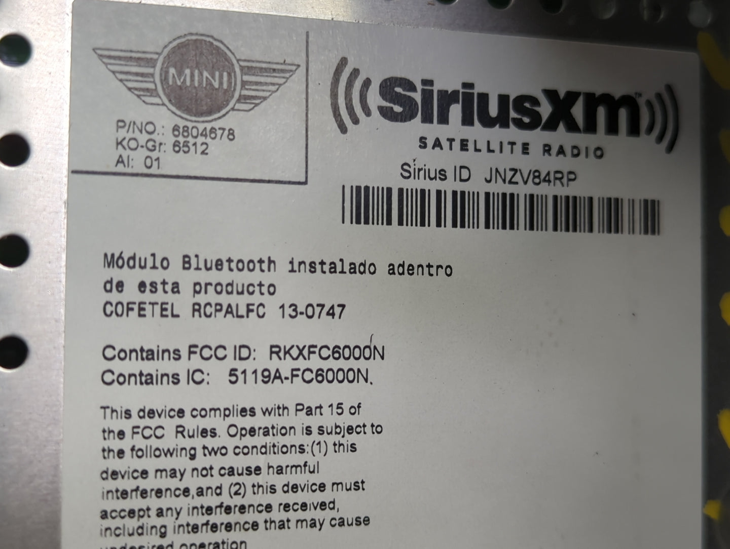 2016-2018 Mini Cooper Radio AM FM Cd Player Receiver Replacement P/N:6804678 RKXFC6000N, 5119A-FC6000N Fits Fits 2016 2017 2