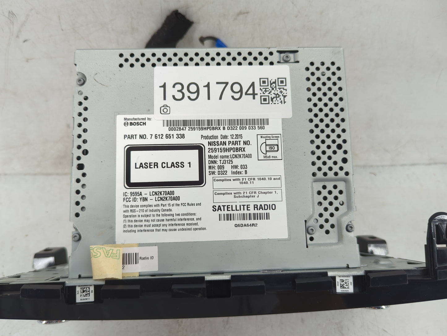 2016 Nissan Altima Radio AM FM Cd Player Receiver Replacement P/N:259159HP0BRX 7 612 651 338 Fits OEM Used Auto Parts - Oemu
