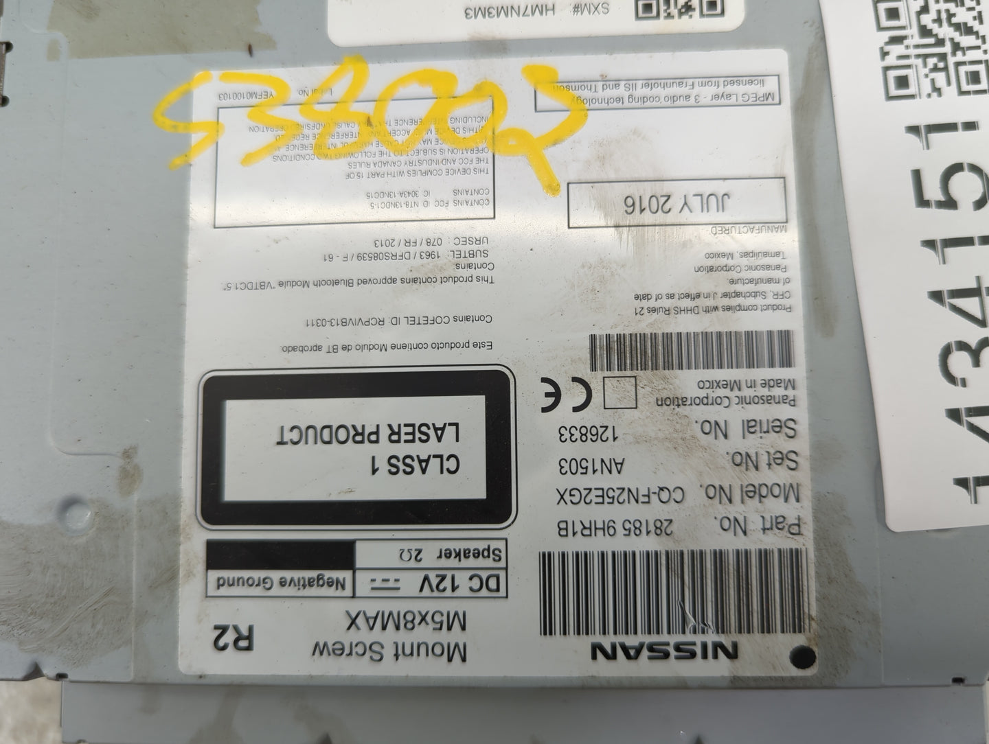2016 Nissan Altima Radio AM FM Cd Player Receiver Replacement P/N:28185 9HR1B CQ-FN25E2GX Fits OEM Used Auto Parts - Oemused