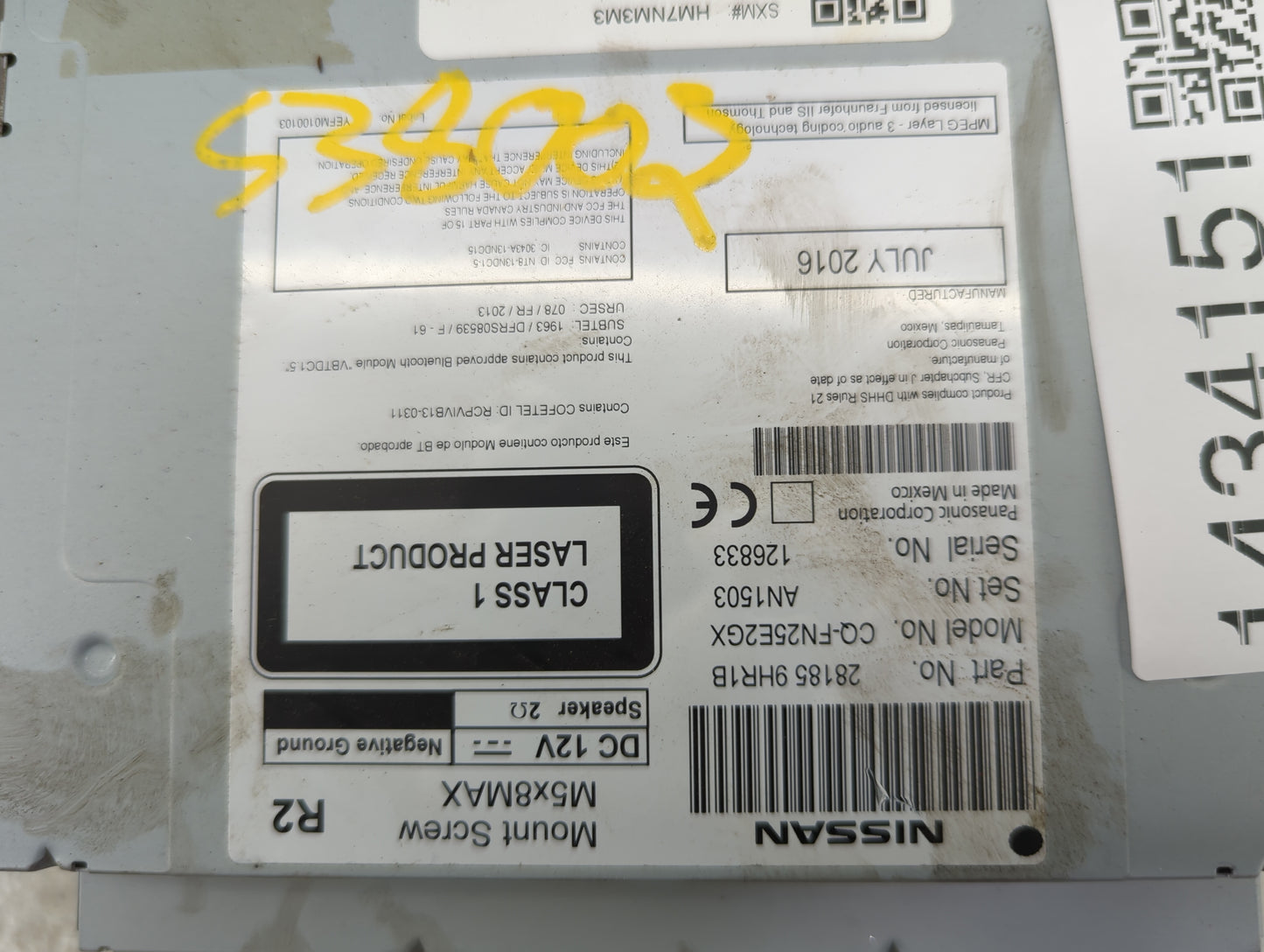 2016 Nissan Altima Radio AM FM Cd Player Receiver Replacement P/N:28185 9HR1B CQ-FN25E2GX Fits OEM Used Auto Parts - Oemused
