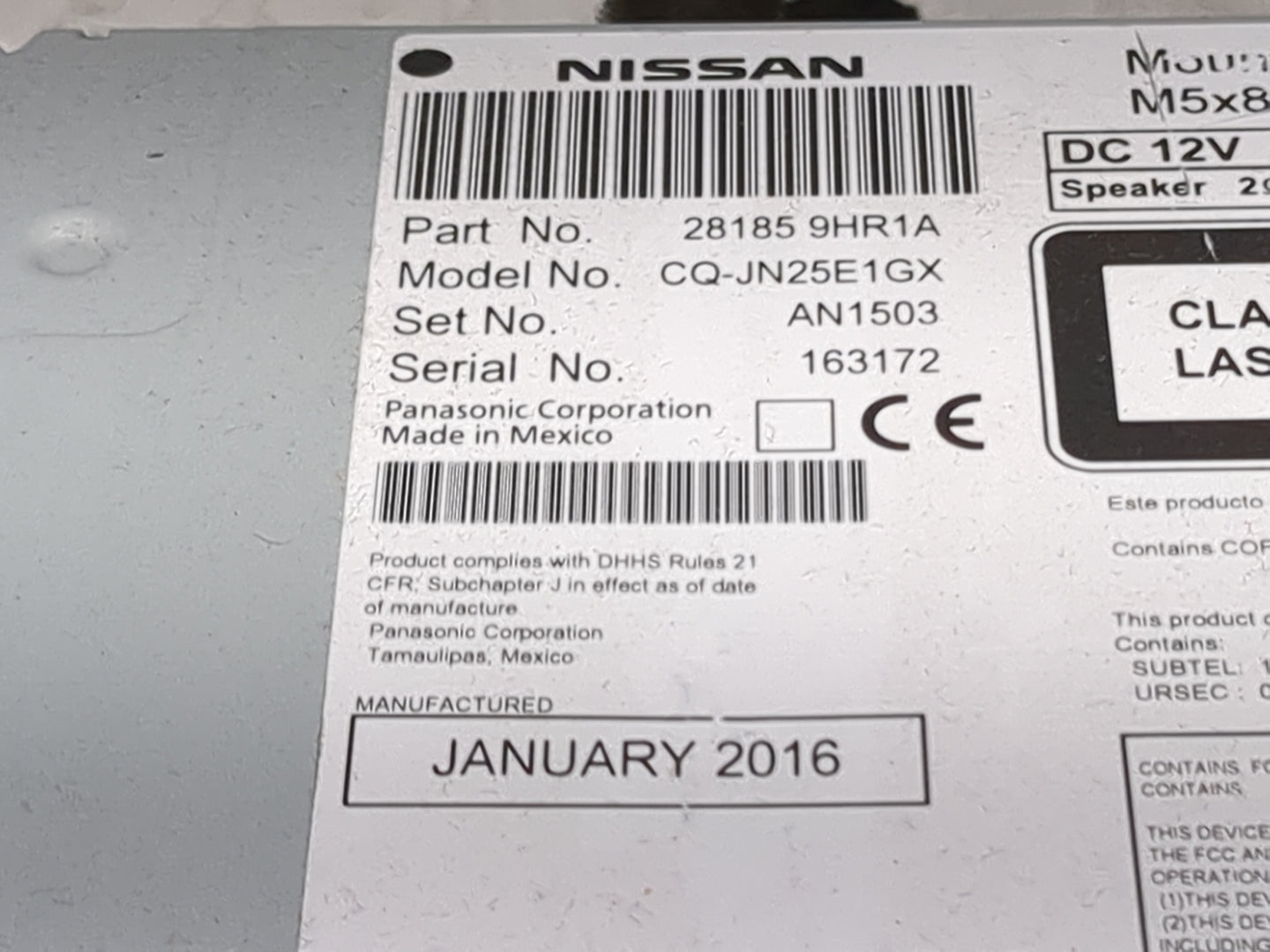 2016 Nissan Altima Radio AM FM Cd Player Receiver Replacement P/N:28185 9HR1A CQ-JN25E1GX Fits OEM Used Auto Parts - Oemused