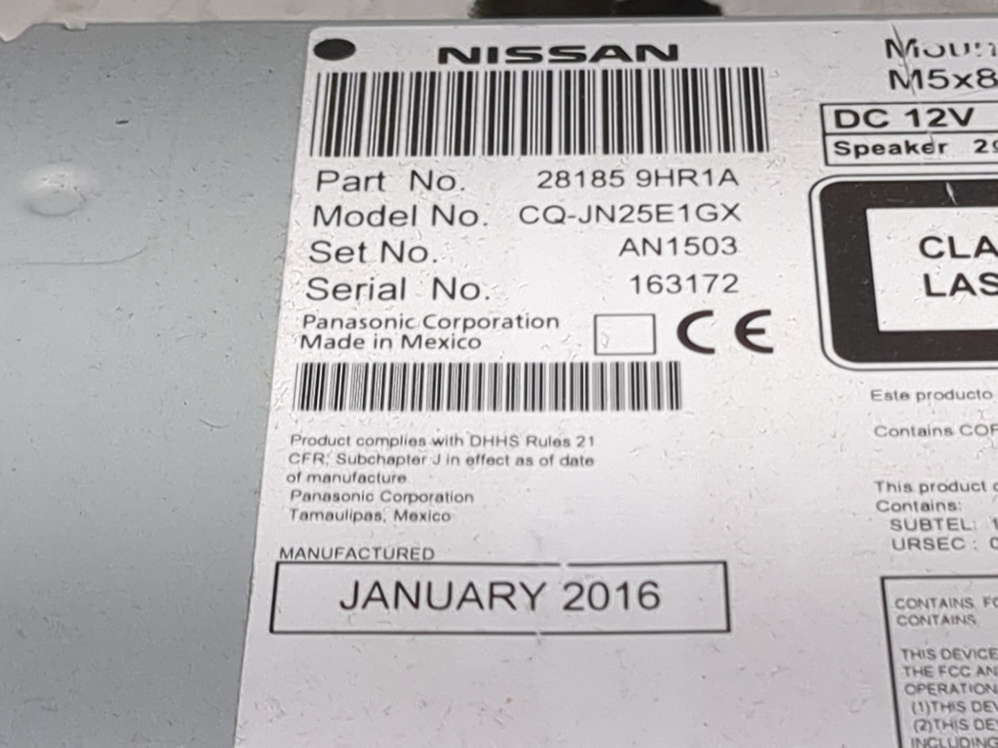 2016 Nissan Altima Radio AM FM Cd Player Receiver Replacement P/N:28185 9HR1A CQ-JN25E1GX Fits OEM Used Auto Parts - Oemused