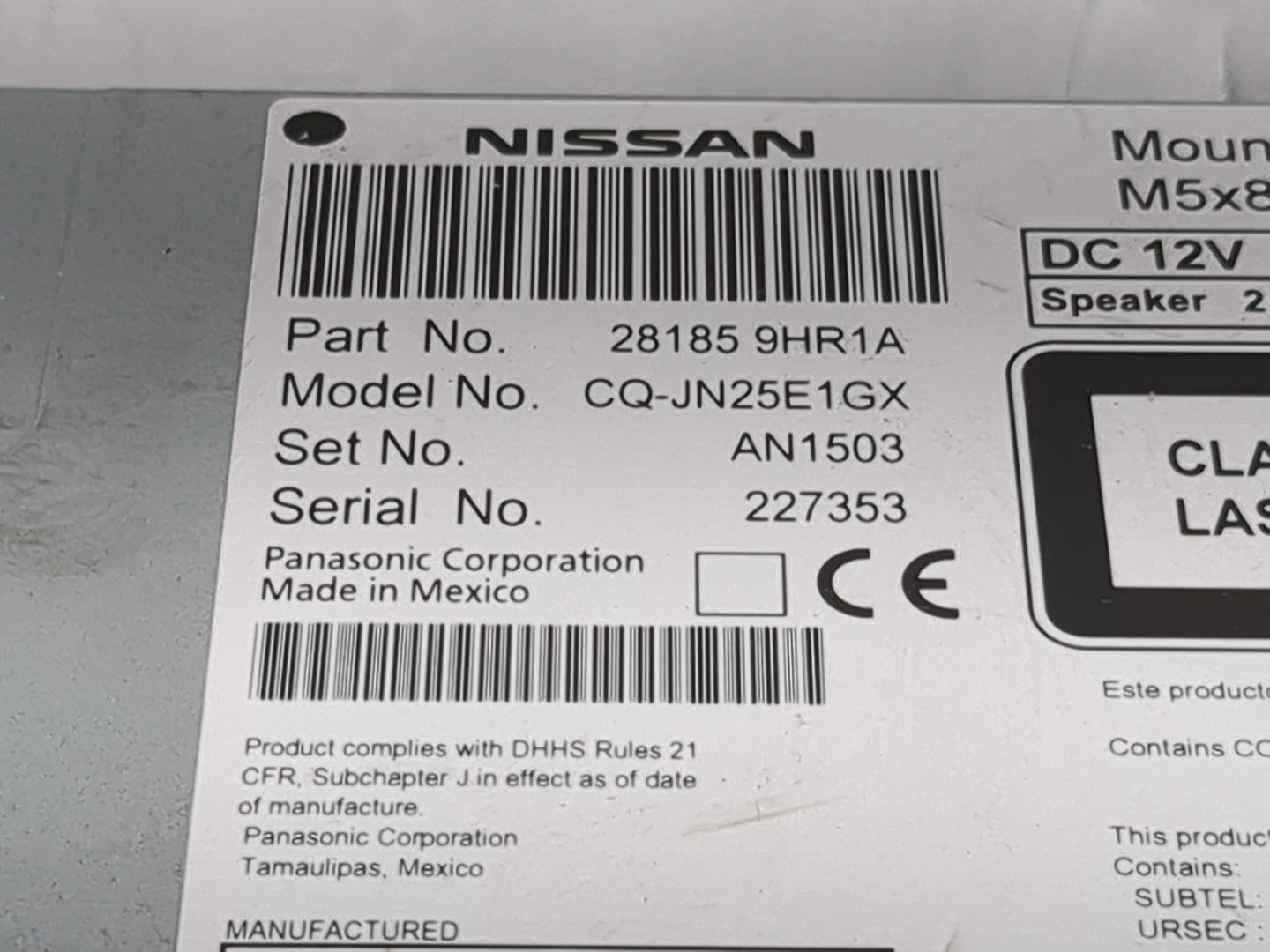 2016 Nissan Altima Radio AM FM Cd Player Receiver Replacement P/N:281859HR1A CQ-JN25E1GX Fits OEM Used Auto Parts - Oemuseda
