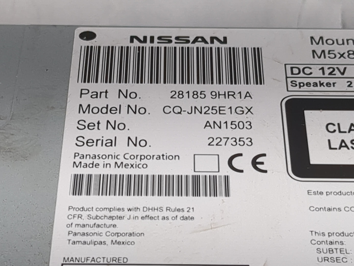 2016 Nissan Altima Radio AM FM Cd Player Receiver Replacement P/N:281859HR1A CQ-JN25E1GX Fits OEM Used Auto Parts - Oemuseda