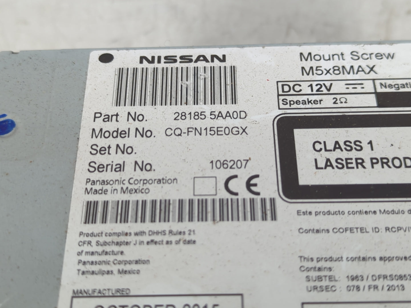 2015-2016 Nissan Murano Radio AM FM Cd Player Receiver Replacement P/N:28185 5AA0D Fits Fits 2015 2016 OEM Used Auto Parts -