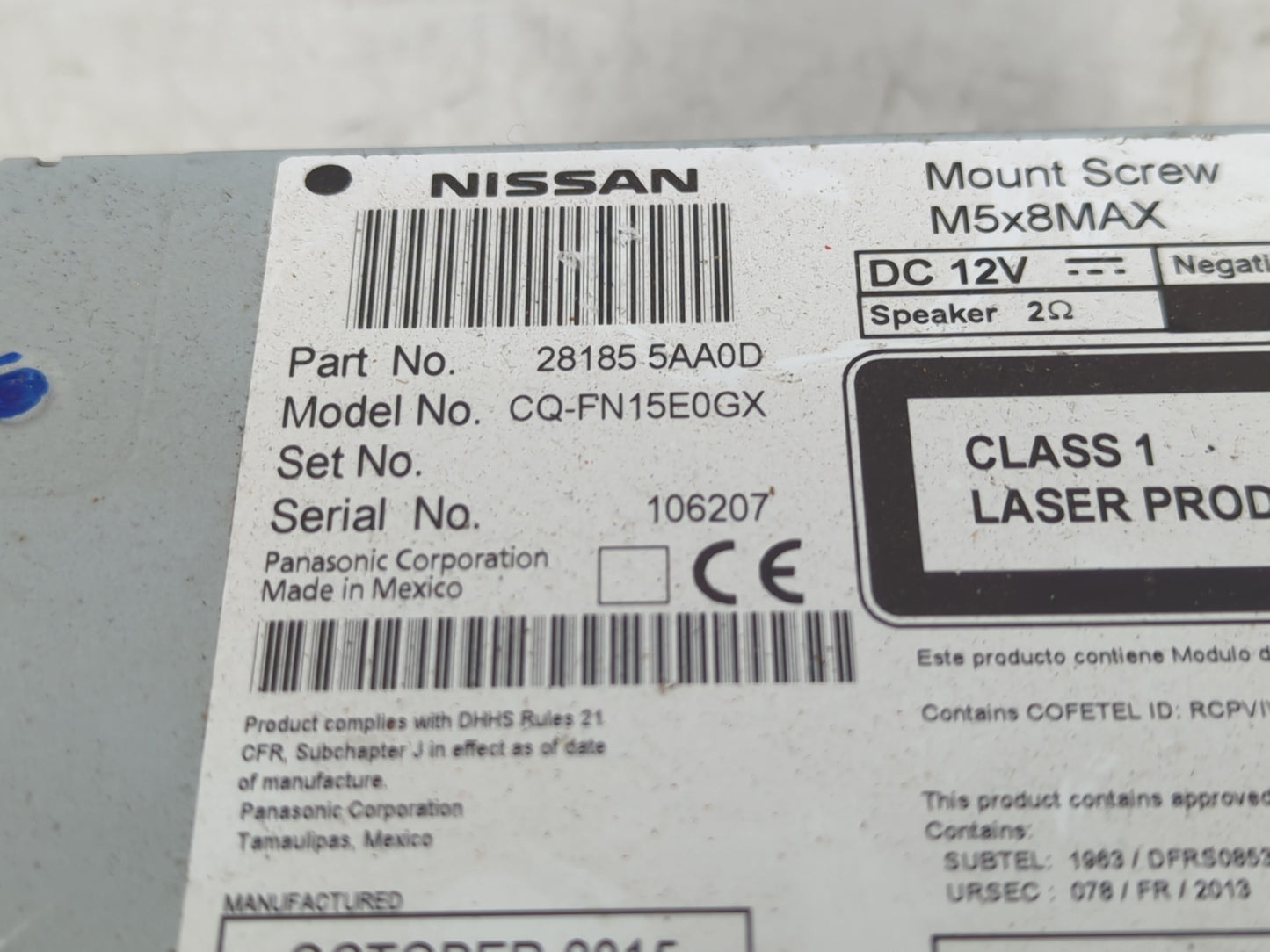 2015-2016 Nissan Murano Radio AM FM Cd Player Receiver Replacement P/N:28185 5AA0D Fits Fits 2015 2016 OEM Used Auto Parts -