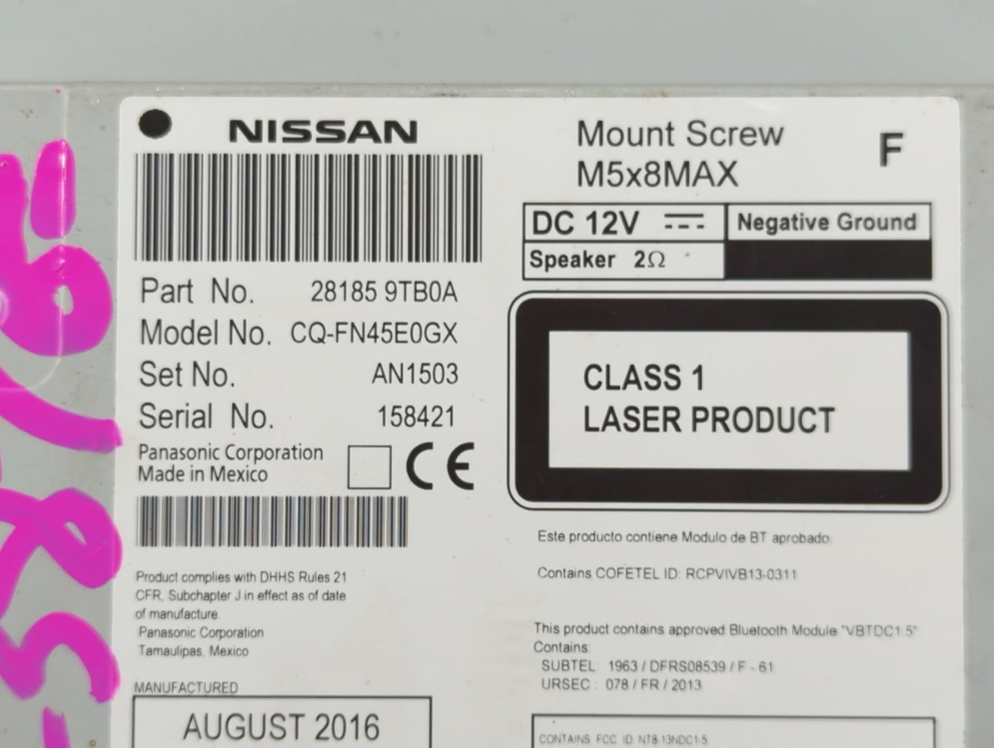 2015-2016 Nissan Rogue Radio AM FM Cd Player Receiver Replacement P/N:7 612 051 332 259159TB0A Fits Fits 2015 2016 OEM Used 