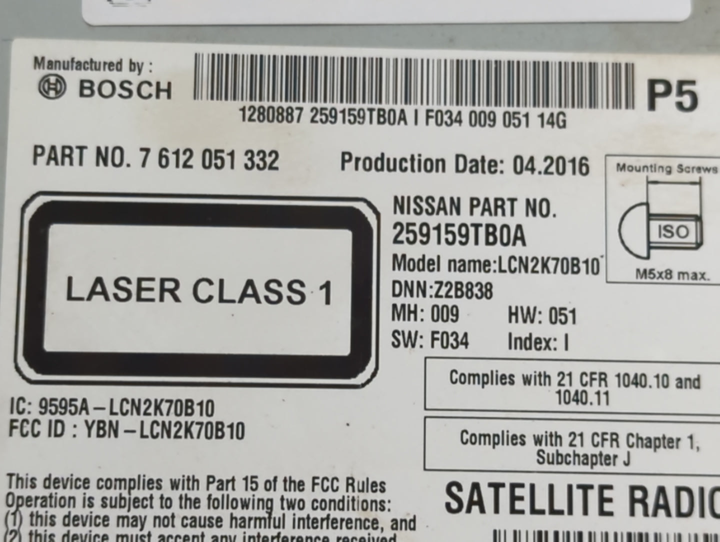 2015-2016 Nissan Rogue Radio AM FM Cd Player Receiver Replacement P/N:259159TB0A 7 612 051 332 Fits Fits 2015 2016 OEM Used 