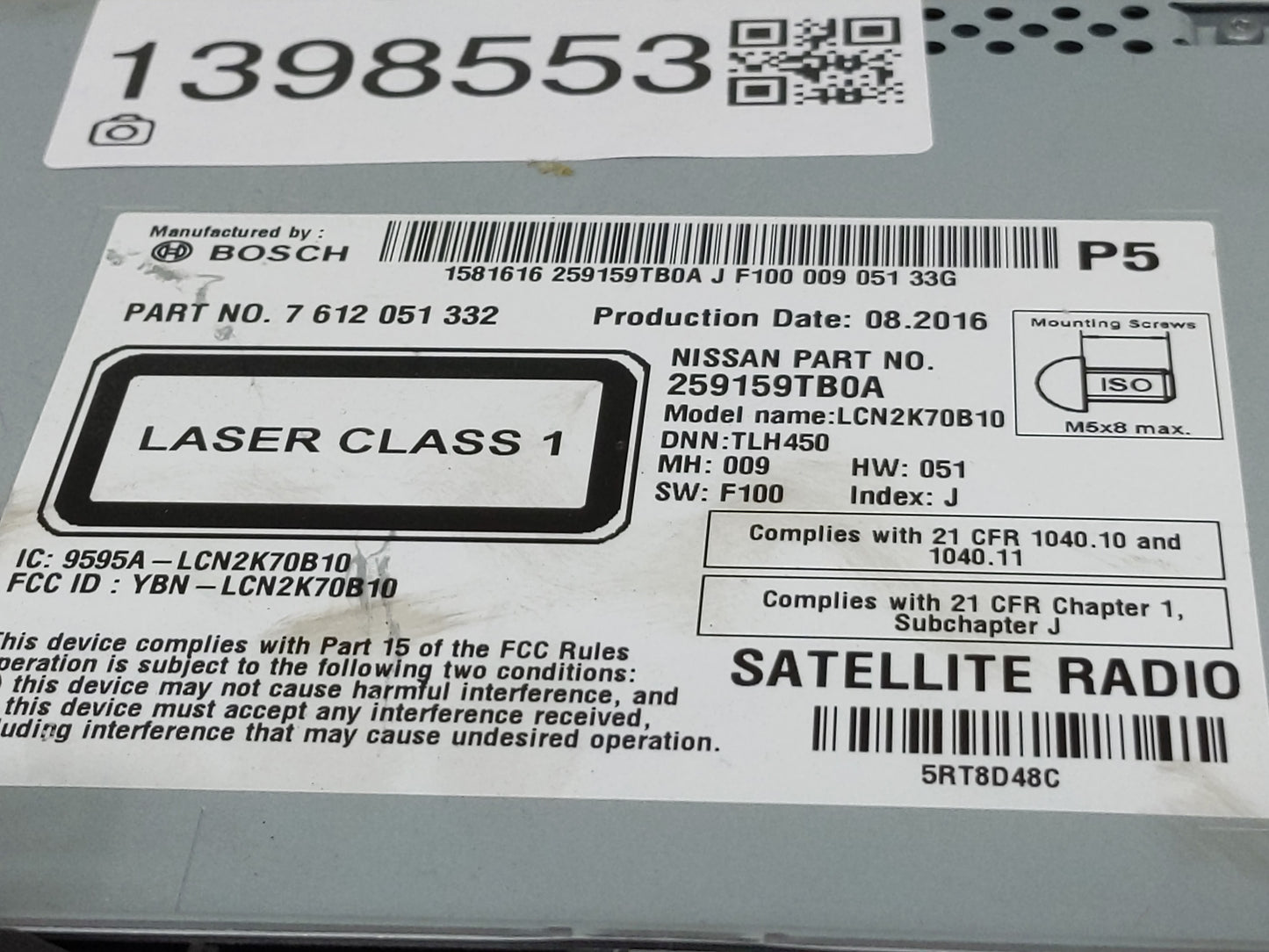 2014-2016 Nissan Rogue Radio AM FM Cd Player Receiver Replacement P/N:259159TB0A 7 612 051 332 Fits Fits 2014 2015 2016 OEM 