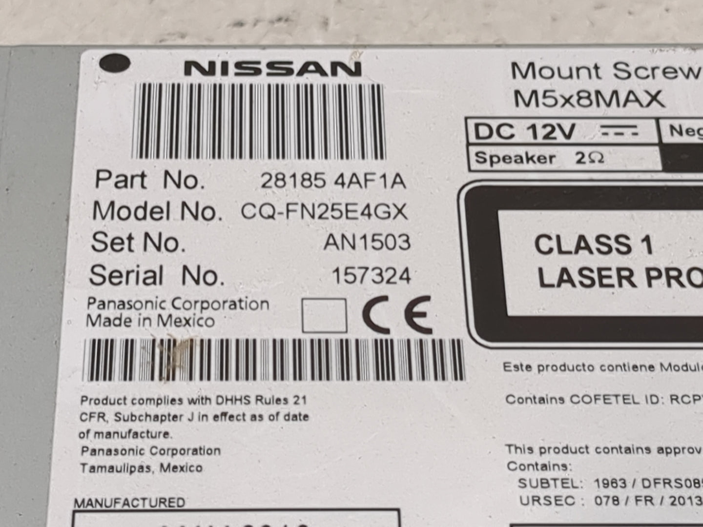 2016 Nissan Sentra Radio AM FM Cd Player Receiver Replacement P/N:28185 4AF1A CQ-FN25E4GX Fits OEM Used Auto Parts - Oemused