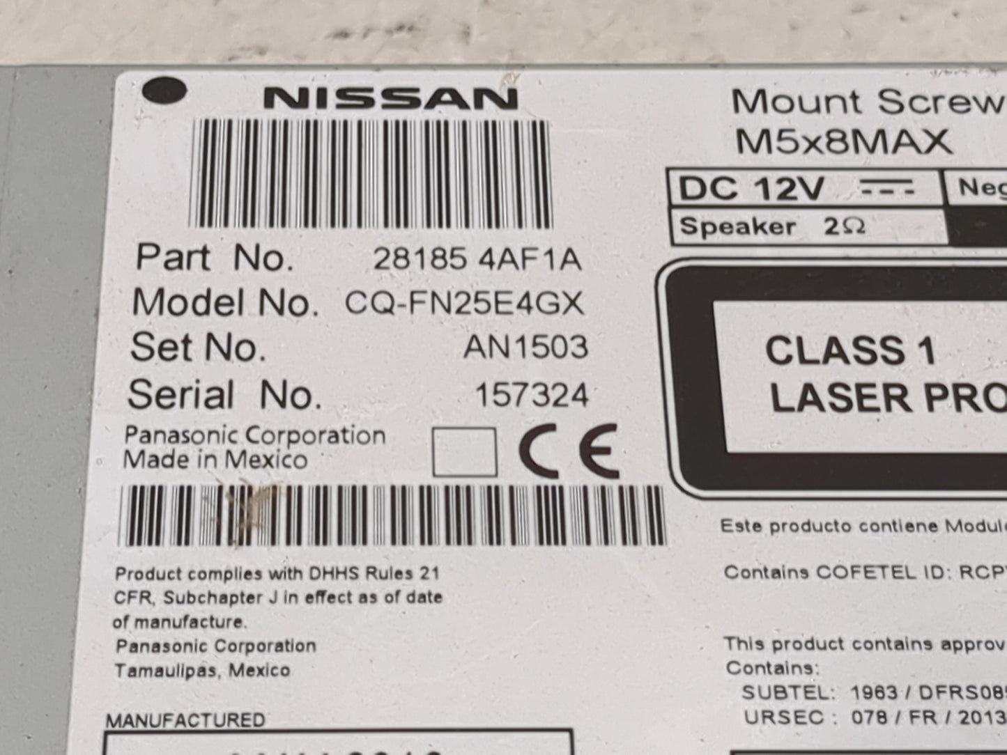 2016 Nissan Sentra Radio AM FM Cd Player Receiver Replacement P/N:28185 4AF1A CQ-FN25E4GX Fits OEM Used Auto Parts - Oemused