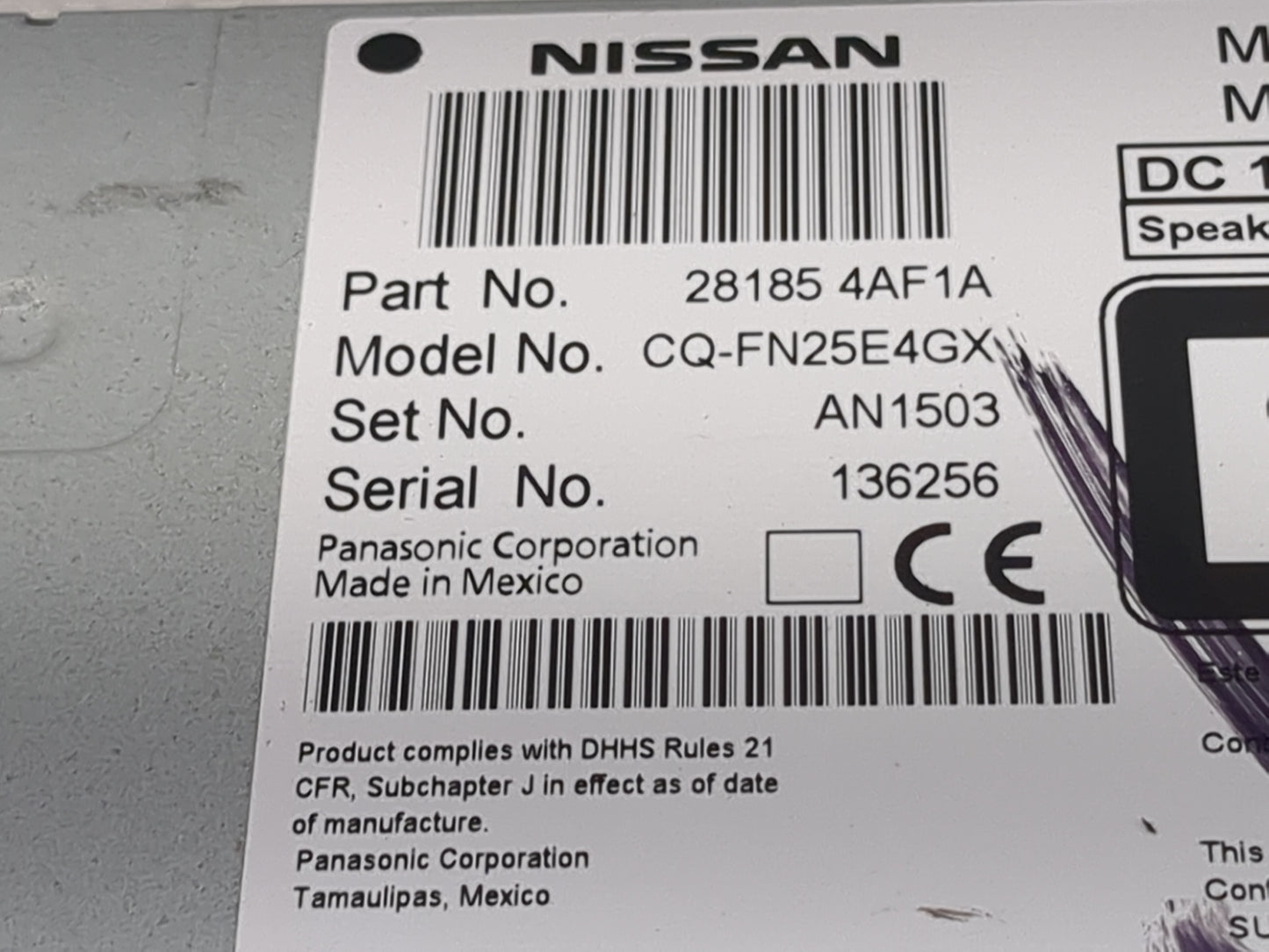 2016 Nissan Sentra Radio AM FM Cd Player Receiver Replacement P/N:28185 4AF1A CQ-FN25E4GX Fits OEM Used Auto Parts - Oemused