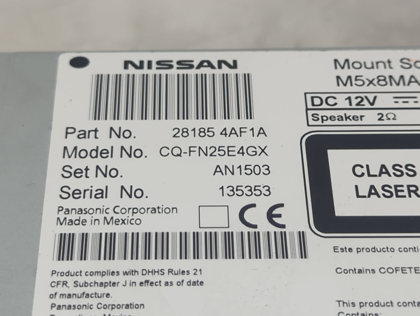2016 Nissan Sentra Radio AM FM Cd Player Receiver Replacement P/N:28185 4AF1A CQ-FN25E4GX, AN1503 Fits OEM Used Auto Parts -