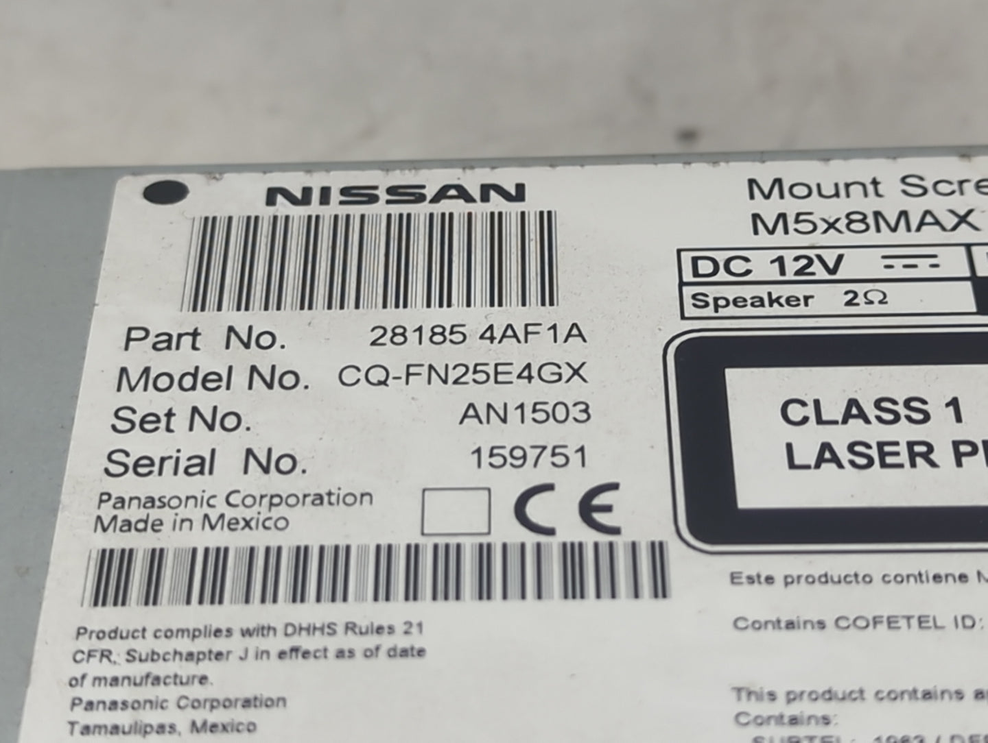 2016 Nissan Sentra Radio AM FM Cd Player Receiver Replacement P/N:28185 4AF1A CQ-FN25E4GX Fits OEM Used Auto Parts - Oemused