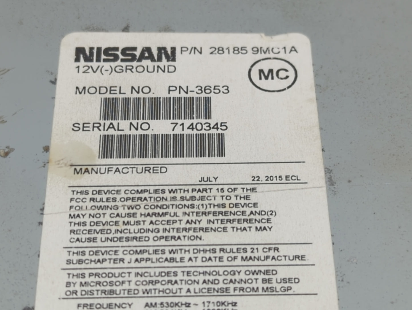 2015-2016 Nissan Versa Radio AM FM Cd Player Receiver Replacement P/N:281859MC1A PN-3653 Fits Fits 2015 2016 OEM Used Auto P