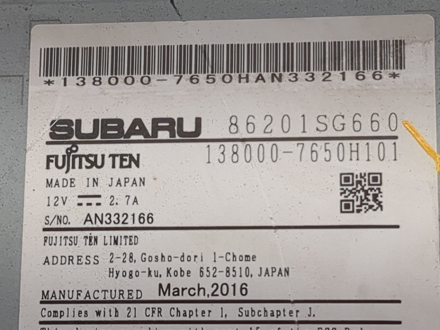 2016 Subaru Forester Radio AM FM Cd Player Receiver Replacement P/N:86201SG660 138000-7650H101, 138000-7650HAN332166 Fits OE