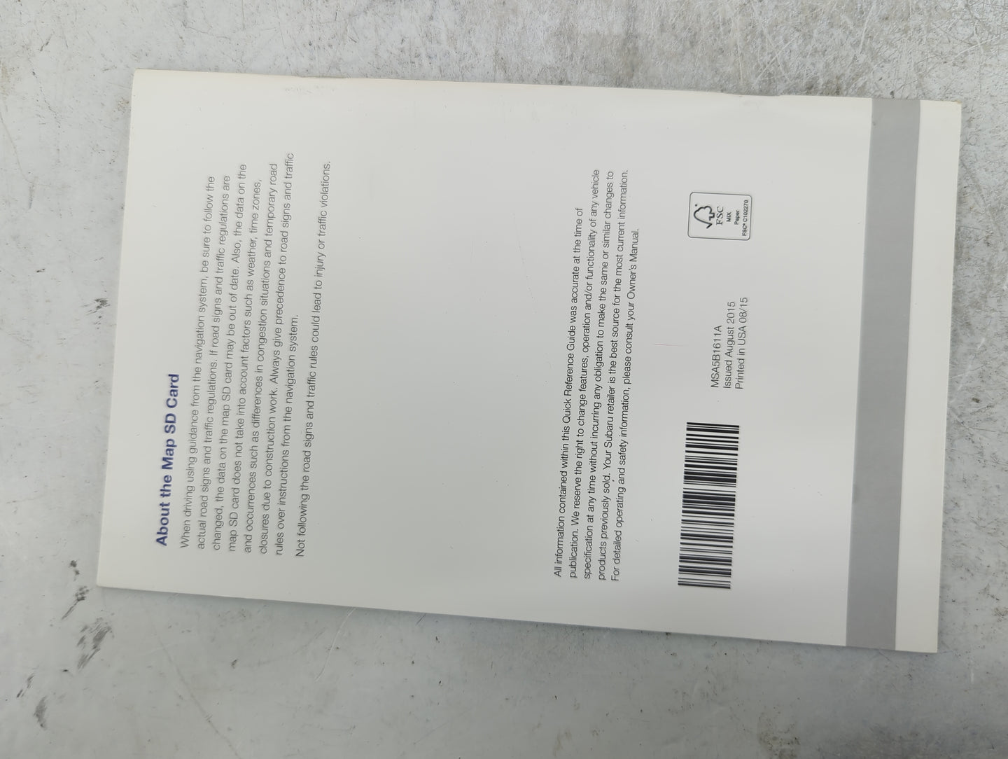 2016 Subaru Legacy Owners Manual Book Guide P/N:B2523BE-A MSA5M1611A, MSA5B1611A OEM Used Auto Parts - Oemusedautoparts1.com