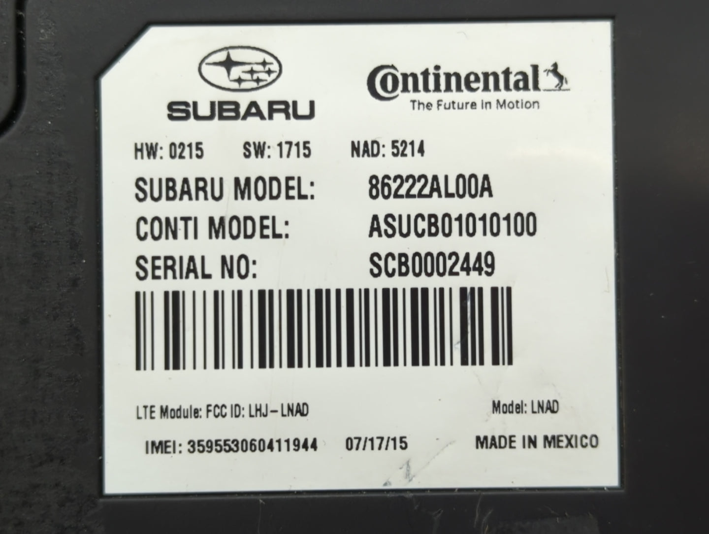 2016 Subaru Legacy Bluetooth Phone Communication Control Module Ccm Oem - Oemusedautoparts1.com