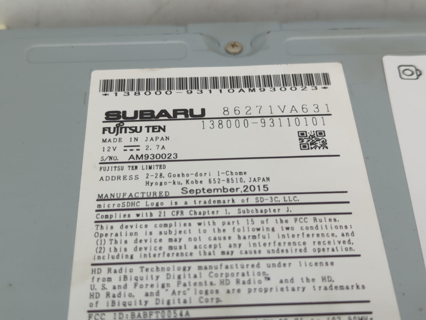 2016 Subaru Wrx Radio AM FM Cd Player Receiver Replacement P/N:86271VA631 Fits OEM Used Auto Parts - Oemusedautoparts1.com