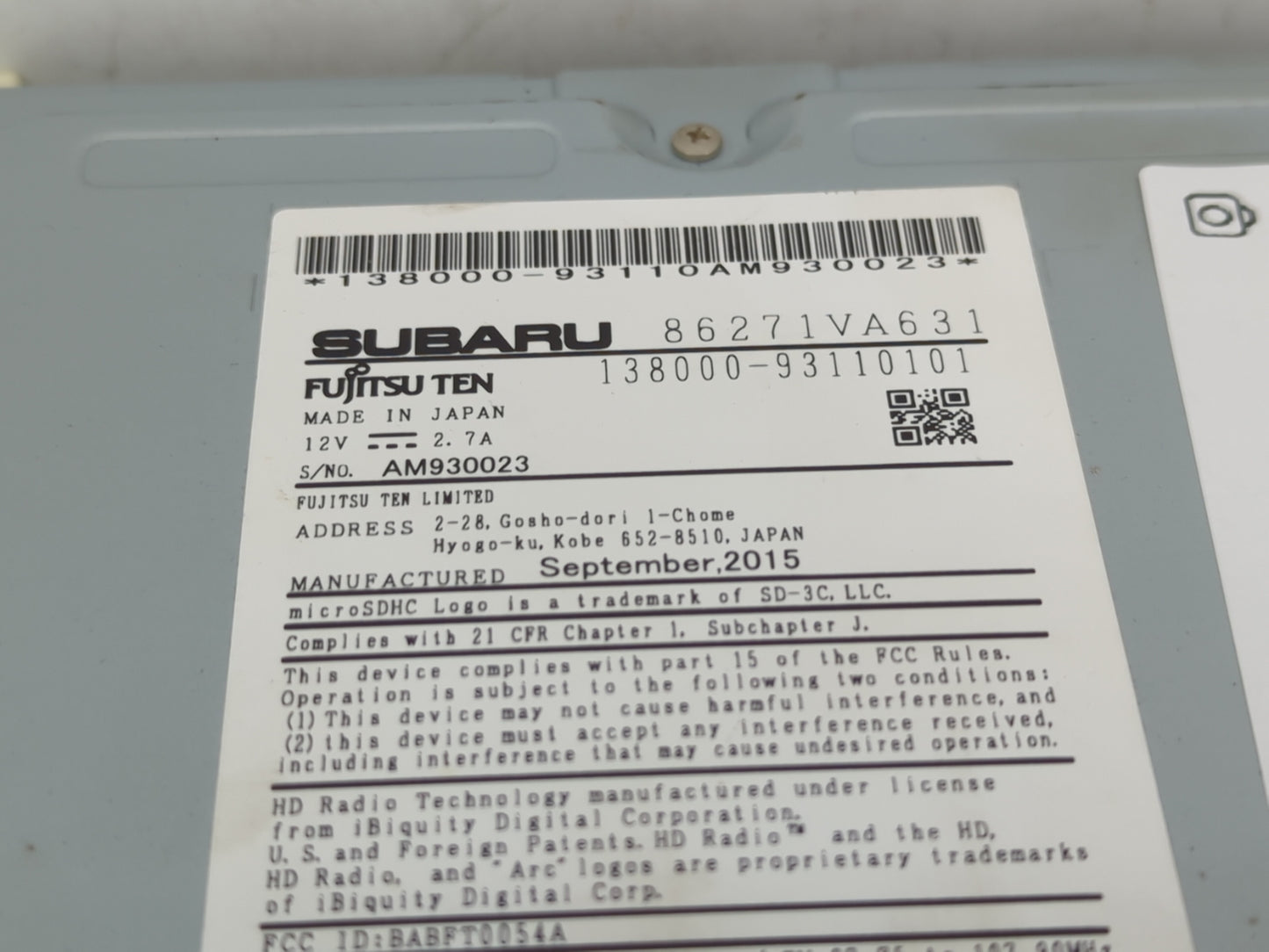 2016 Subaru Wrx Radio AM FM Cd Player Receiver Replacement P/N:86271VA631 Fits OEM Used Auto Parts - Oemusedautoparts1.com