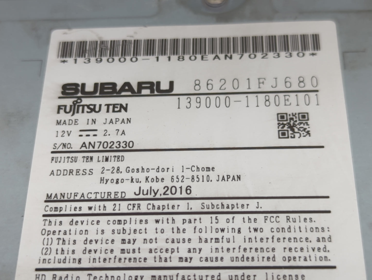 2016 Subaru Xv Radio AM FM Cd Player Receiver Replacement P/N:86201FJ680 139000-1180E101, 139000-1180EAN702330 Fits OEM Used