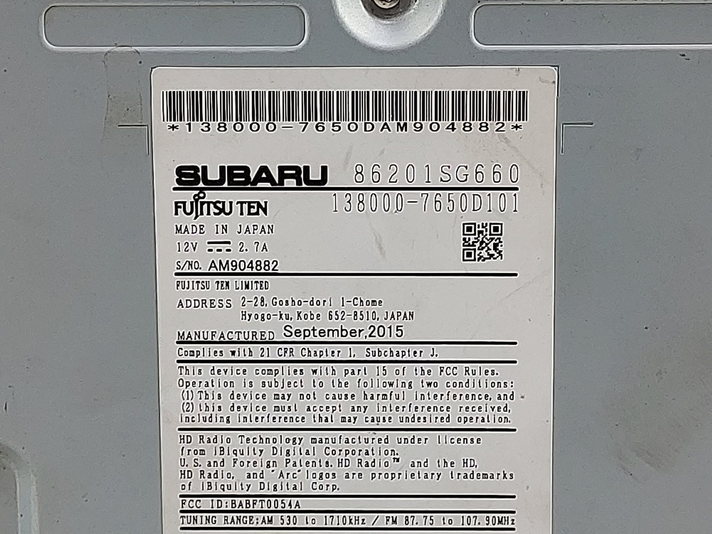 2016 Subaru Xv Radio AM FM Cd Player Receiver Replacement P/N:86201SG660 138000-7650D101, BABFT0054A Fits OEM Used Auto Part