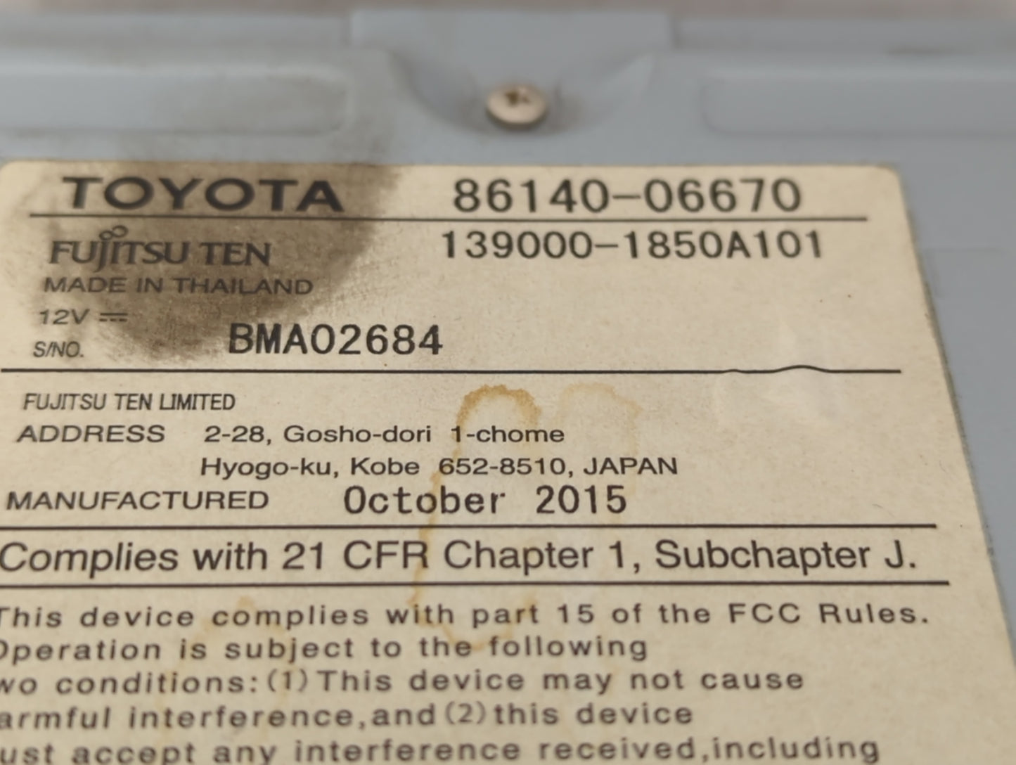 2016-2017 Toyota Camry Radio AM FM Cd Player Receiver Replacement P/N:86140-06670 Fits Fits 2016 2017 OEM Used Auto Parts - 