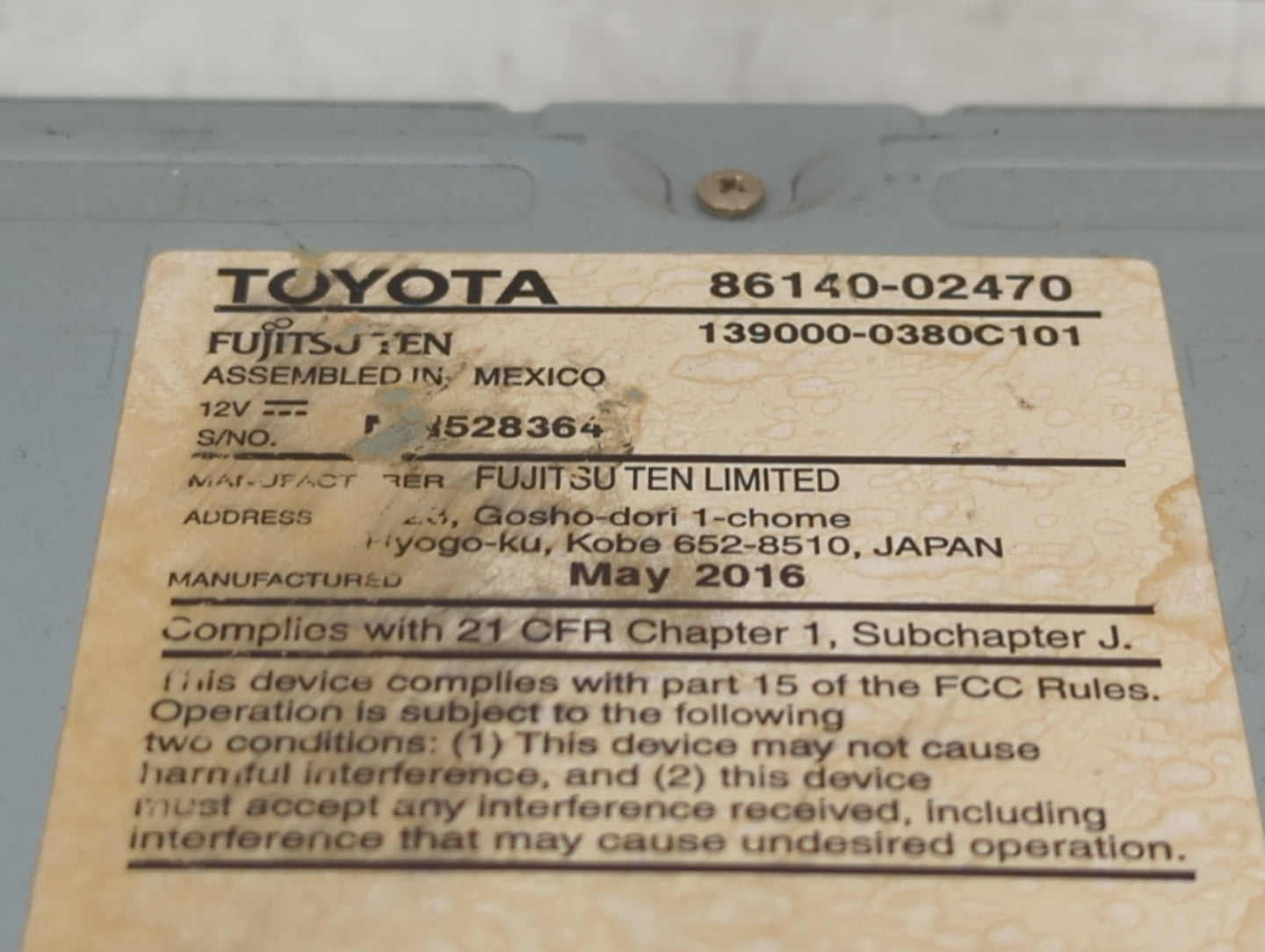 2015-2016 Toyota Corolla Radio AM FM Cd Player Receiver Replacement P/N:86140-02470 Fits Fits 2015 2016 OEM Used Auto Parts 