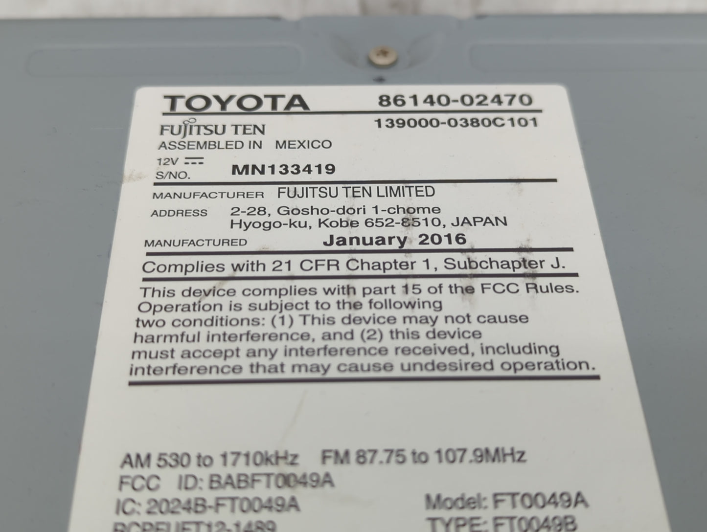 2015-2016 Toyota Corolla Radio AM FM Cd Player Receiver Replacement P/N:86140-02470 Fits Fits 2015 2016 OEM Used Auto Parts 