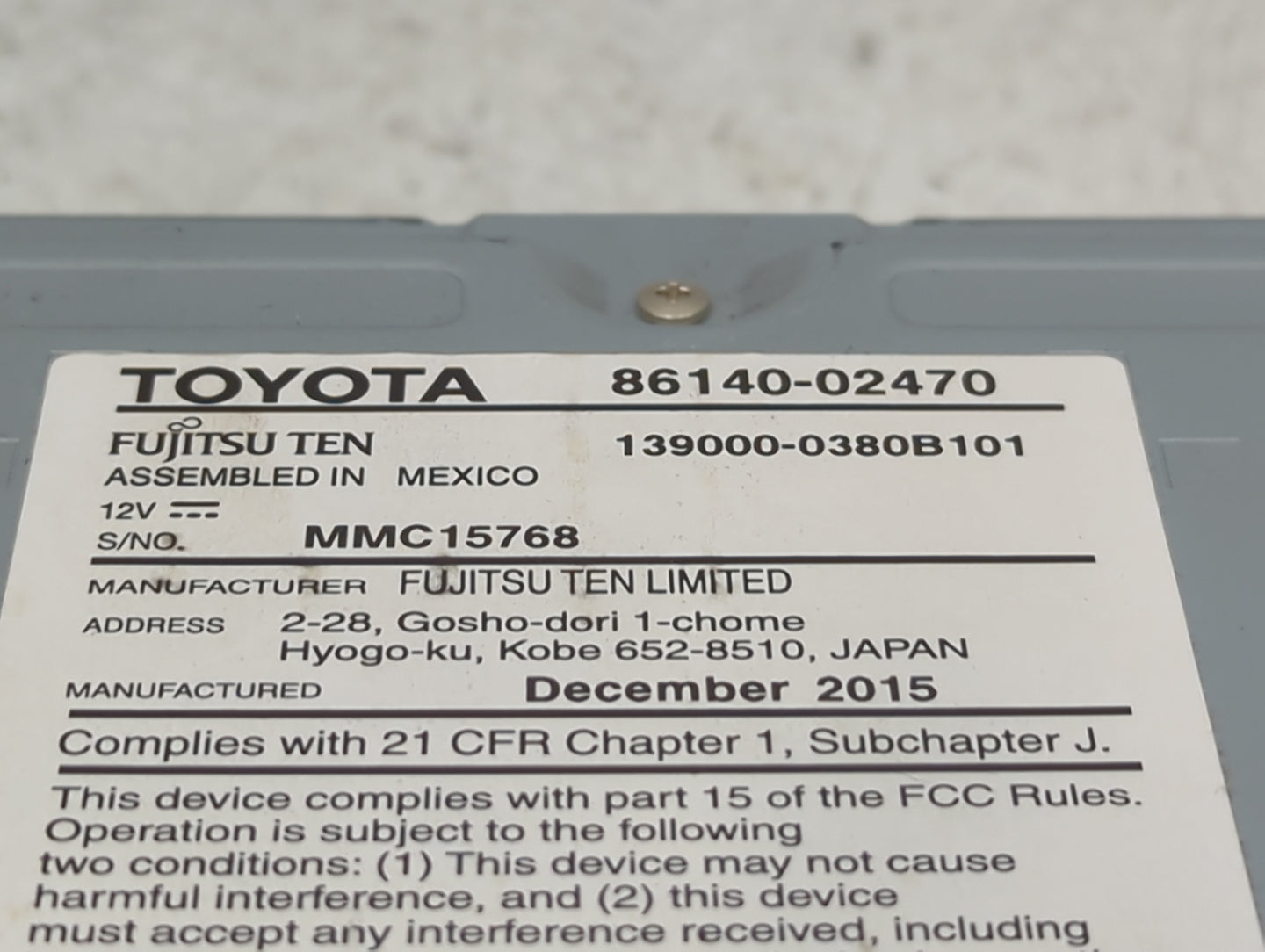2015-2016 Toyota Corolla Radio AM FM Cd Player Receiver Replacement P/N:86140-02470 Fits Fits 2015 2016 OEM Used Auto Parts 