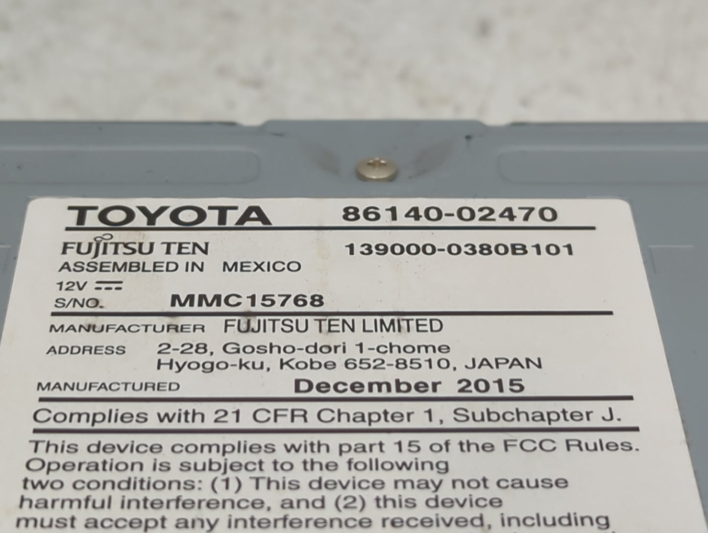 2015-2016 Toyota Corolla Radio AM FM Cd Player Receiver Replacement P/N:86140-02470 Fits Fits 2015 2016 OEM Used Auto Parts 