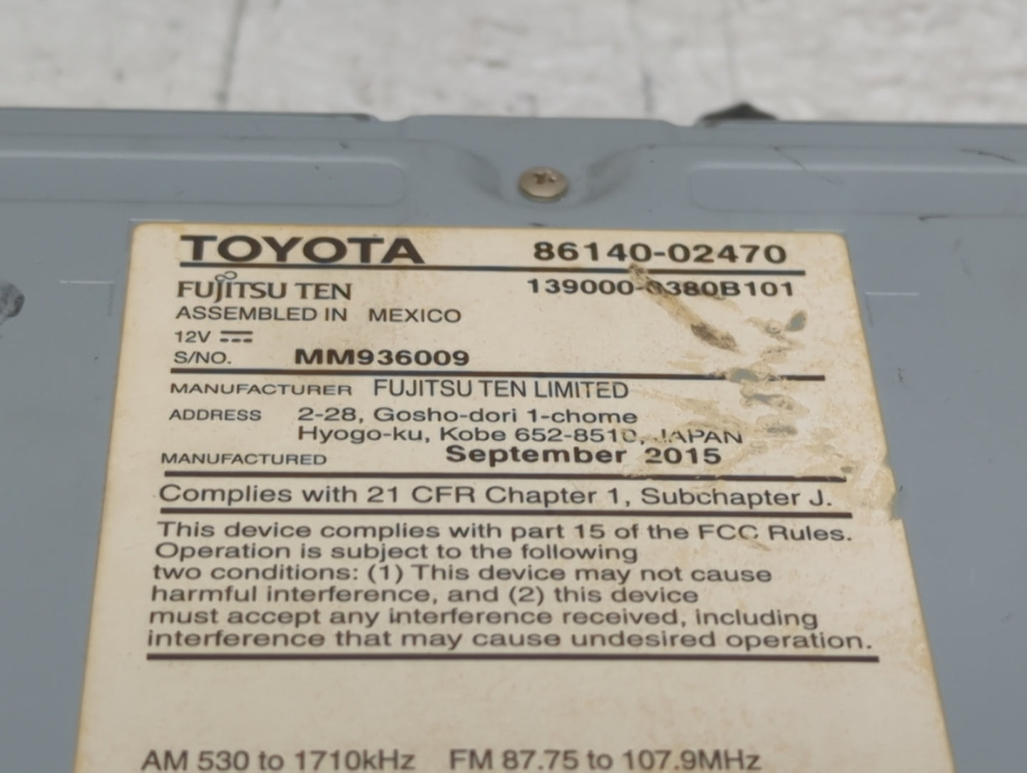 2015-2016 Toyota Corolla Radio AM FM Cd Player Receiver Replacement P/N:86140-02470 139000-0380B101, MM936009 Fits Fits 2015
