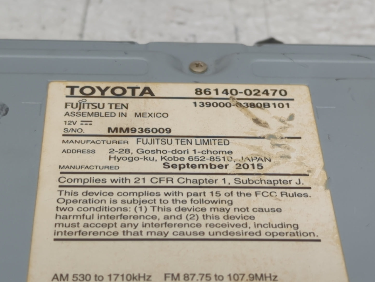 2015-2016 Toyota Corolla Radio AM FM Cd Player Receiver Replacement P/N:86140-02470 139000-0380B101, MM936009 Fits Fits 2015