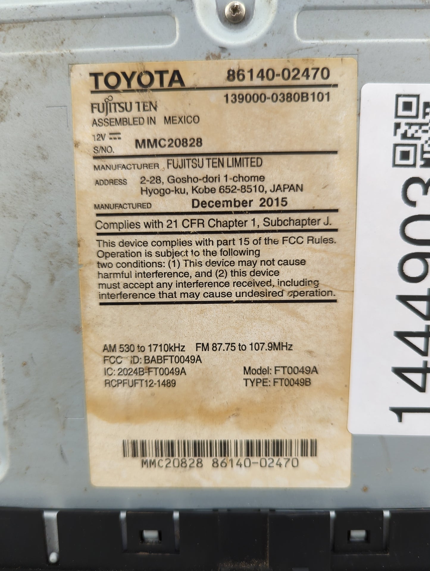 2015-2016 Toyota Corolla Radio AM FM Cd Player Receiver Replacement P/N:86140-02470 139000-0380B101 Fits Fits 2015 2016 OEM 
