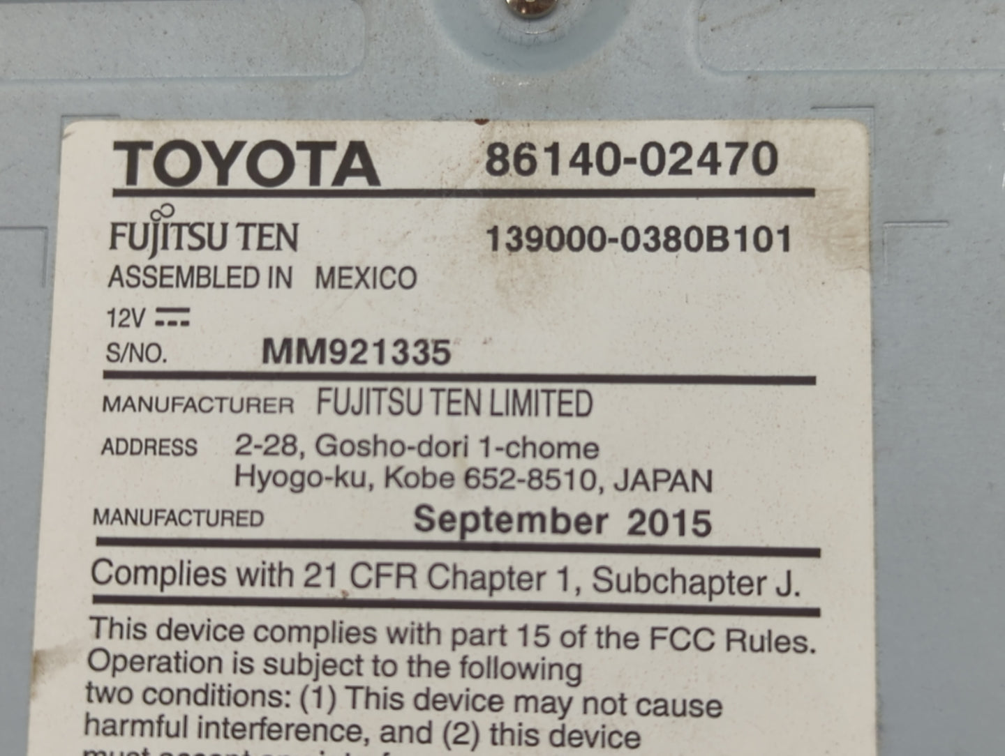 2015-2016 Toyota Corolla Radio AM FM Cd Player Receiver Replacement P/N:86140-02470 139000-0380B101 Fits Fits 2015 2016 OEM 