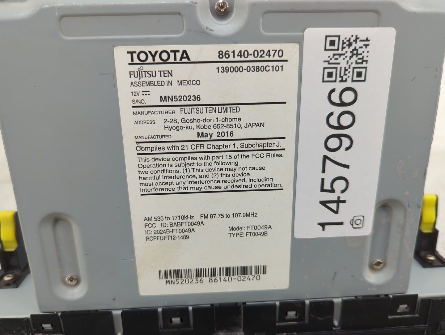 2015-2016 Toyota Corolla Radio AM FM Cd Player Receiver Replacement P/N:86140-02470 139000-0380C101, MN520236 Fits Fits 2015