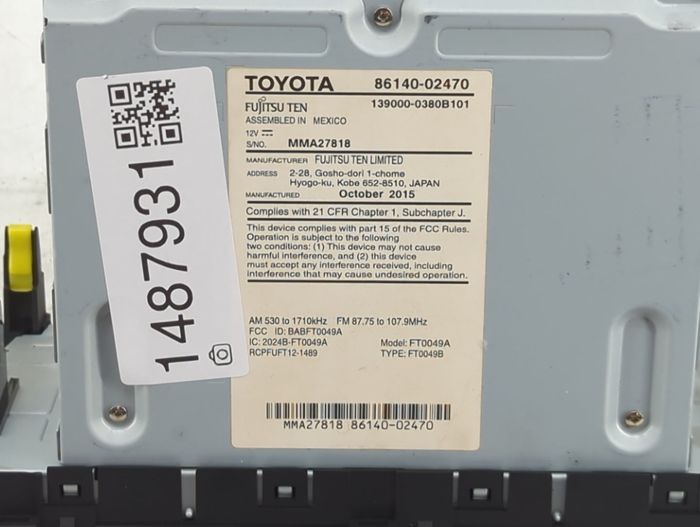 2014-2019 Toyota Corolla Tuner Satellite Receiver 1487931 - Oemusedautoparts1.com