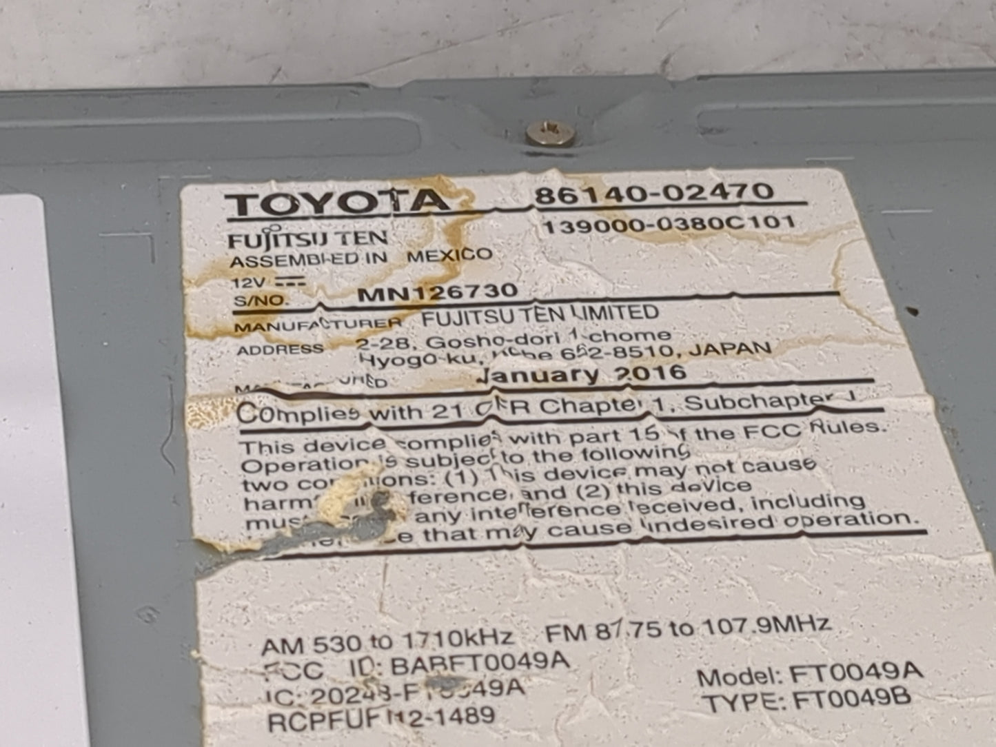 2015-2016 Toyota Corolla Radio AM FM Cd Player Receiver Replacement P/N:86140-02470 139000-0380C101, MN126730 Fits Fits 2015