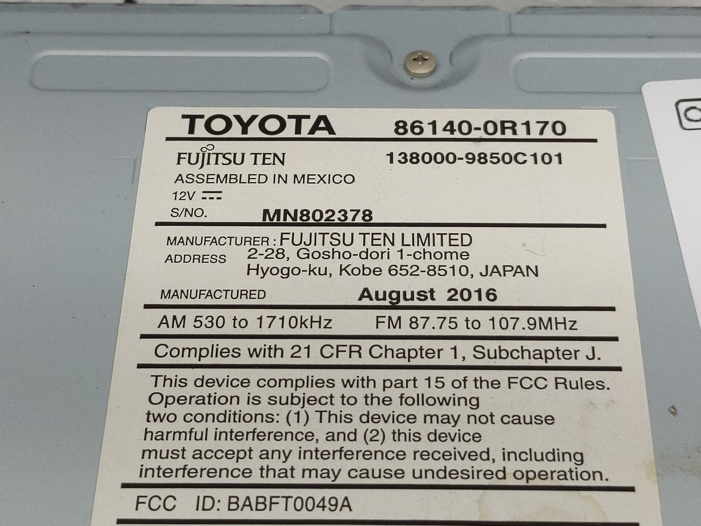 2016-2018 Toyota Rav4 Radio AM FM Cd Player Receiver Replacement P/N:86140-0R170 Fits Fits 2016 2017 2018 OEM Used Auto Part